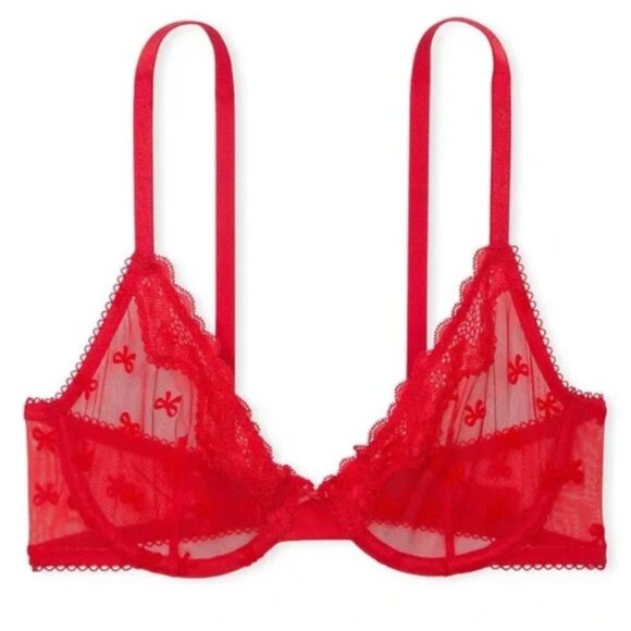 VS Tease Lace-Trim Unlined Demi Bright Vermillion Bows - Picture 8 of 8